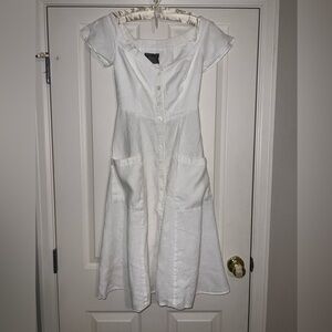 Reformation White Linen Bardot Midi Dress with Button Detail and Pockets